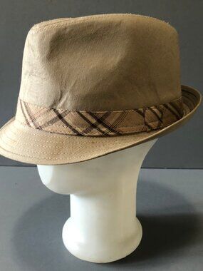 GEORGE BEIGE OR STONE COLORED FEDORA OR TRILBY HAT WITH PLAID HAT BAND